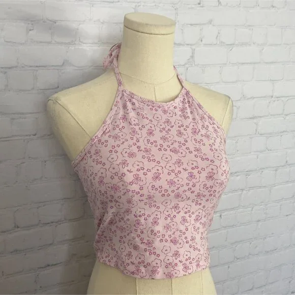 BP Medium Pink Floral Print Halter Crop Top - Picture 2 of 6